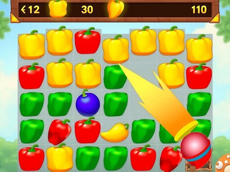 Pepper Frenzy Plus Match-3 Gameplay Pepper Frenzy Plus gameplay screenshot showing a grid of colorful peppers with a King Chili Bomb